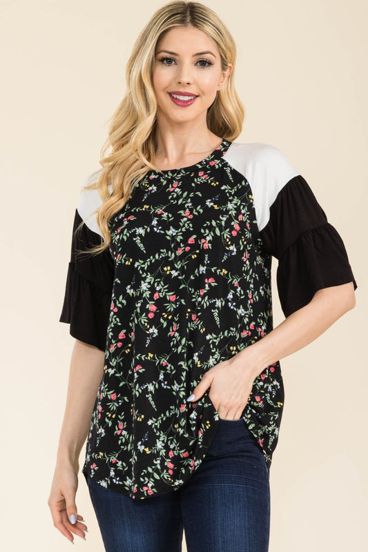 Celeste Full Size Floral Contrast Bell Sleeve Top - FunkyPeacockStore (Store description)