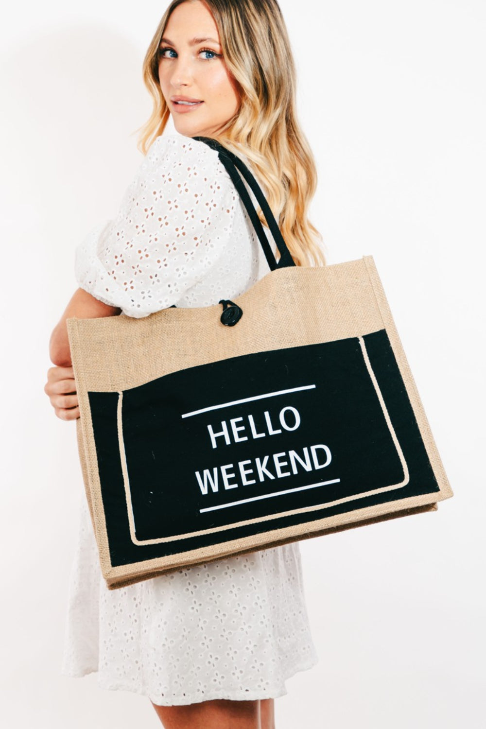 Fame Hello Weekend Burlap Tote Bag - FunkyPeacockStore (Store description)