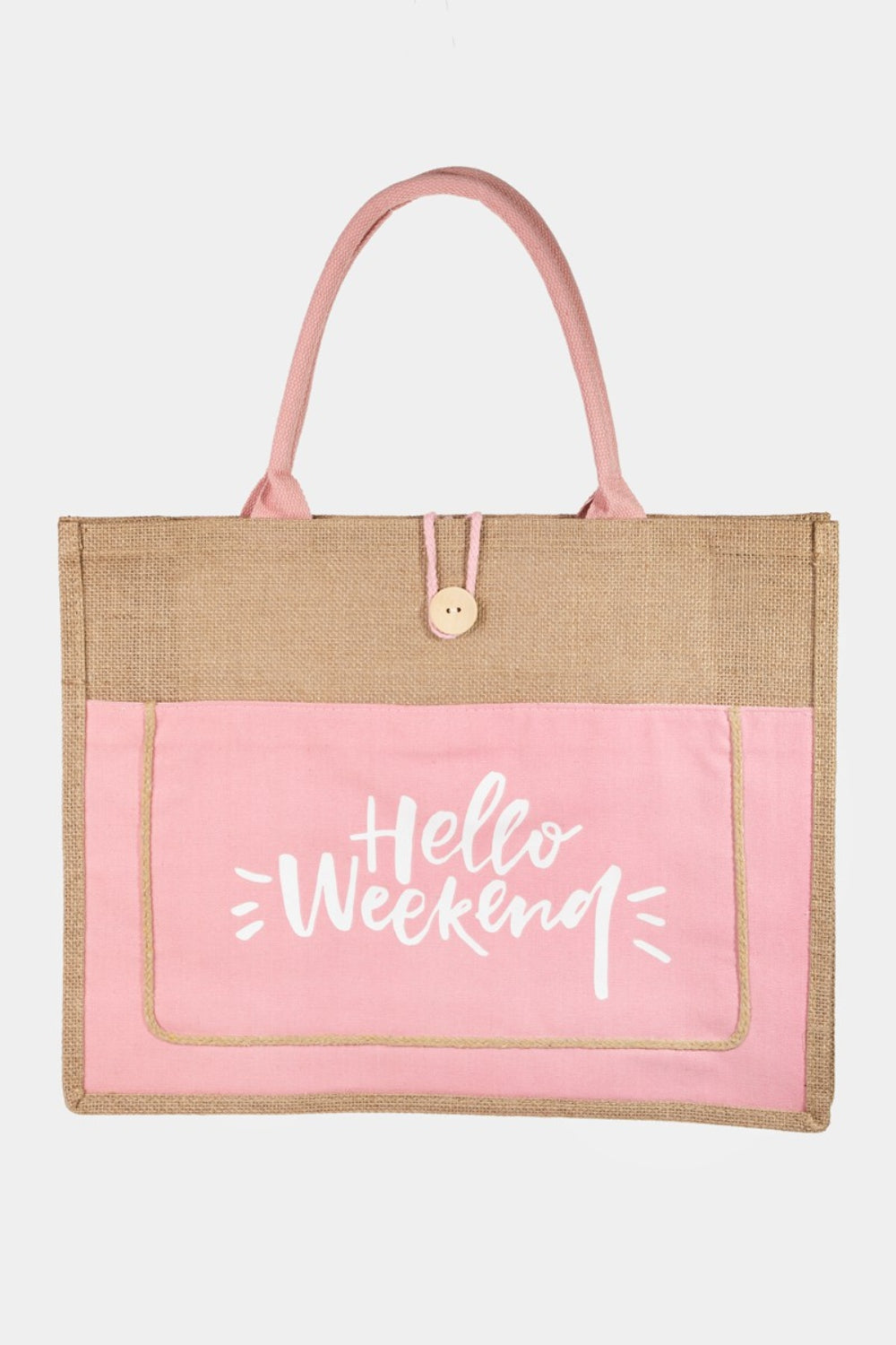 Fame Hello Weekend Burlap Tote Bag - FunkyPeacockStore (Store description)