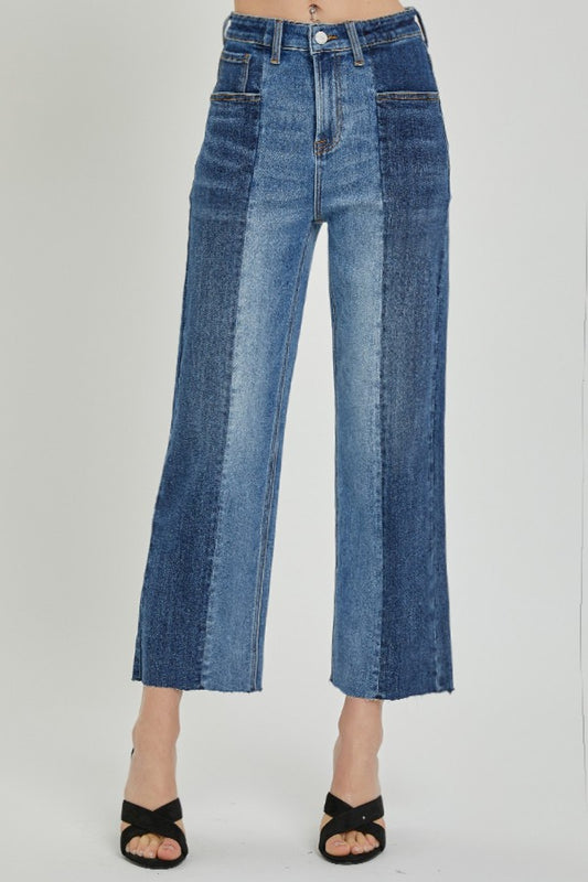 RISEN Full Size Mid-Rise Waist Two-Tones Jeans with Pockets - FunkyPeacockStore (Store description)