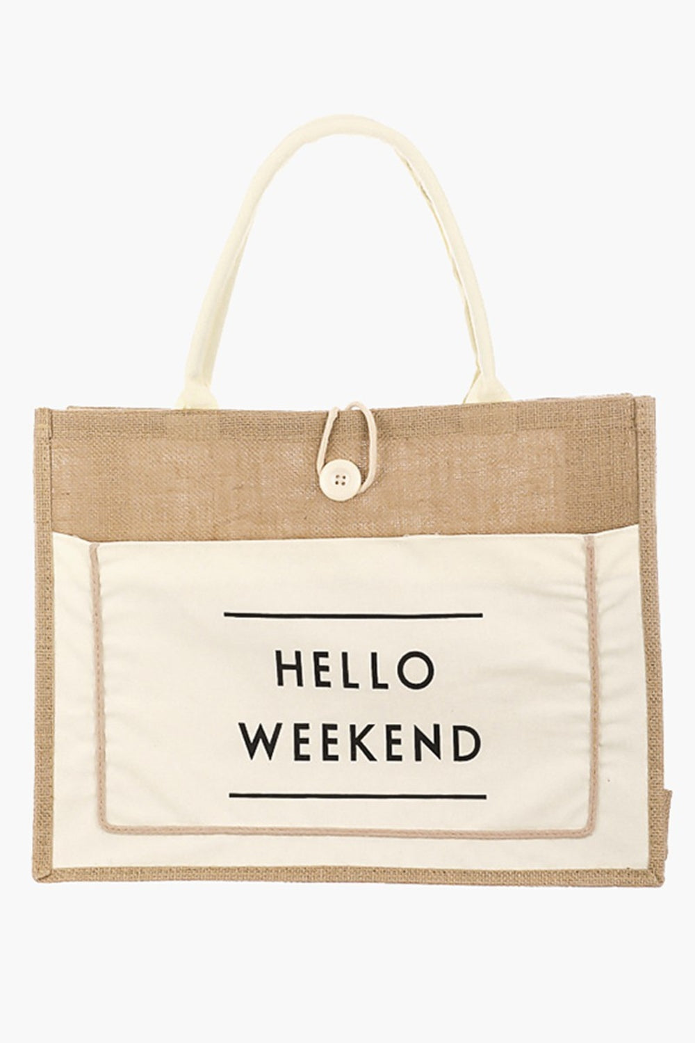 Fame Hello Weekend Burlap Tote Bag - FunkyPeacockStore (Store description)