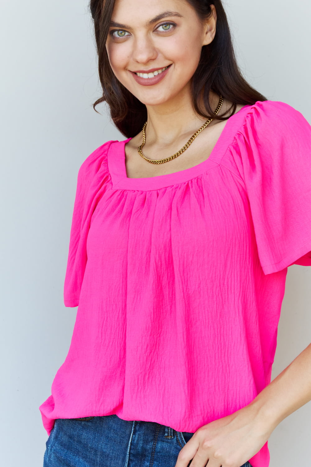 Ninexis Keep Me Close Square Neck Short Sleeve Blouse in Fuchsia - FunkyPeacockStore (Store description)