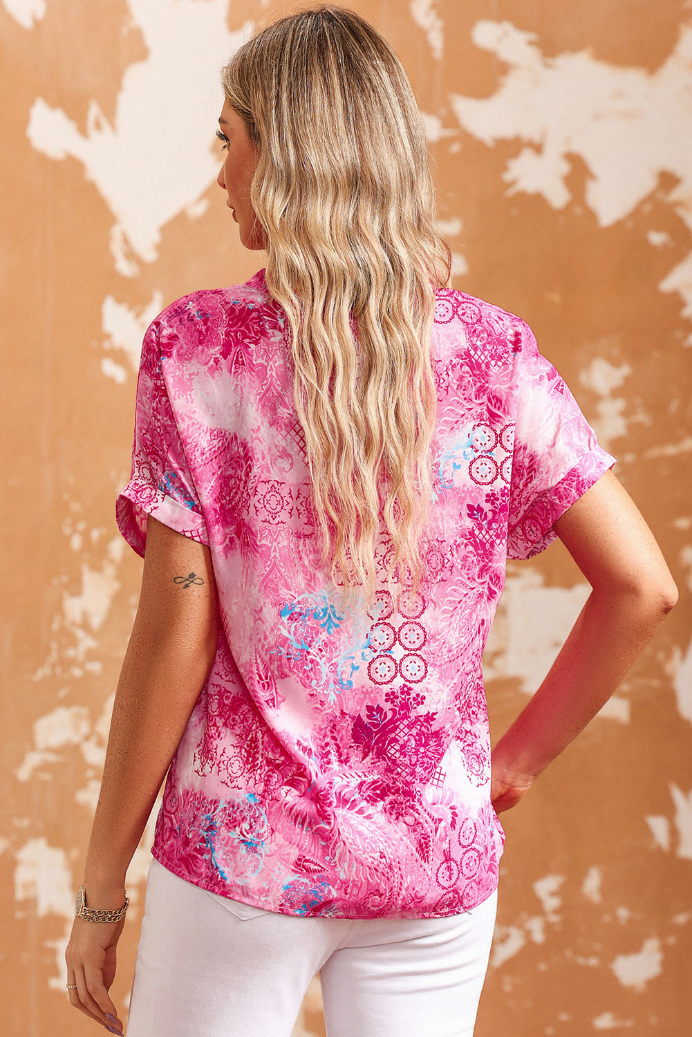 Floral Notched Neck Short Sleeve Top - FunkyPeacockStore (Store description)