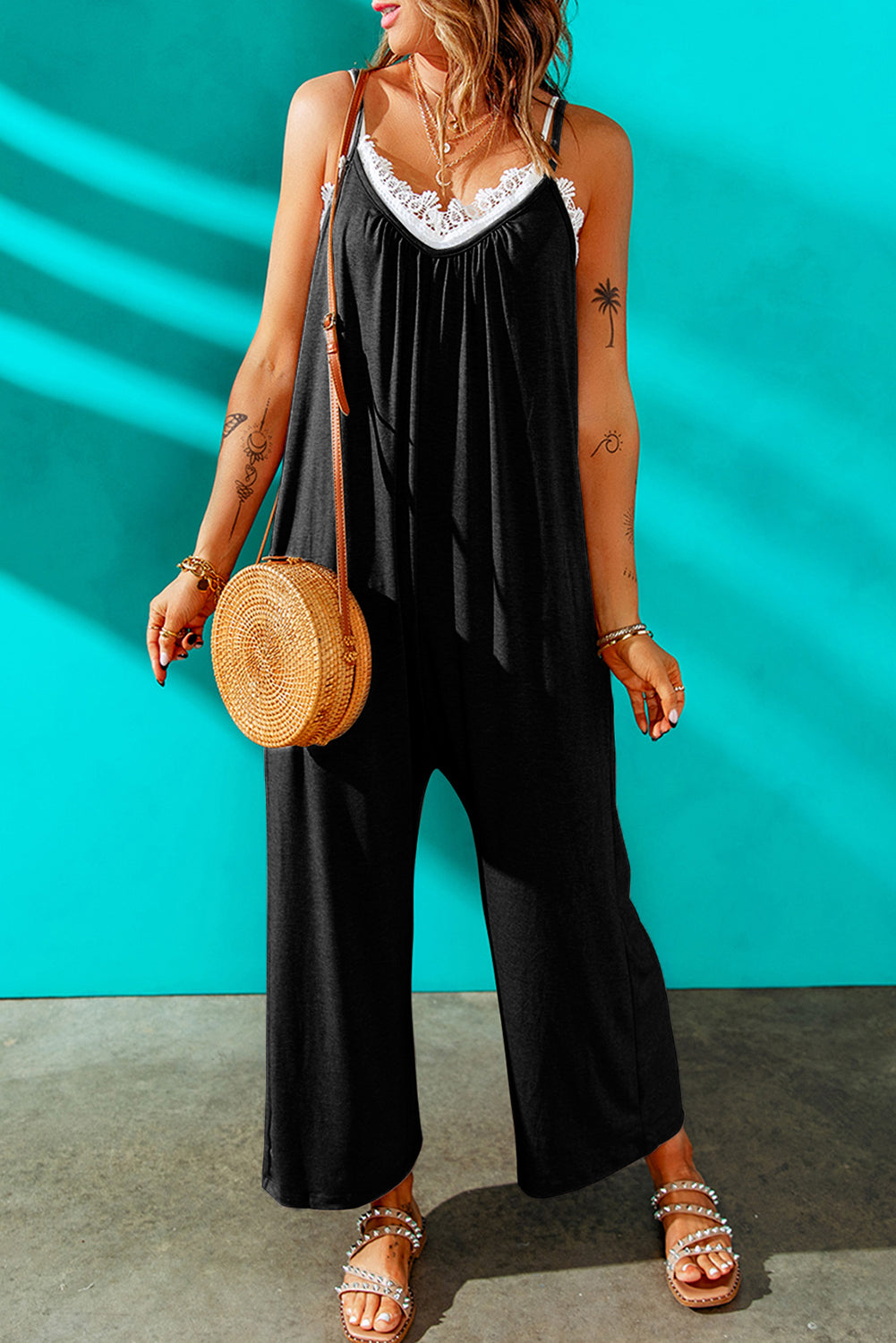 Spaghetti Strap Wide Leg Jumpsuit - FunkyPeacockStore (Store description)