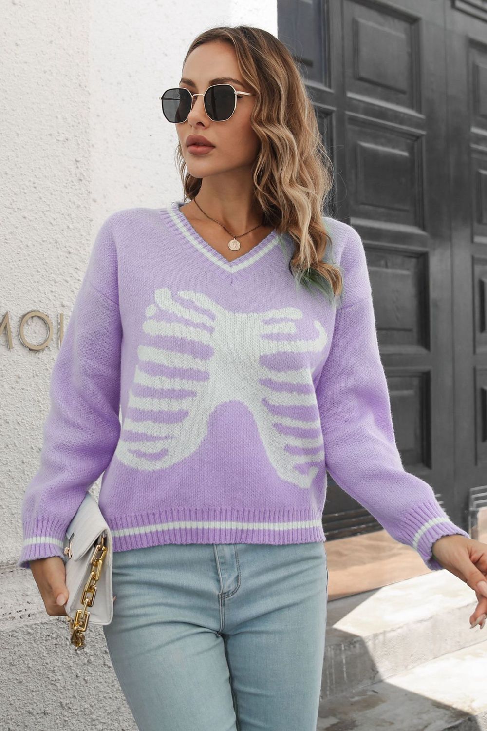 Skeleton Pattern V-Neck Long Sleeve Pullover Sweater - FunkyPeacockStore (Store description)