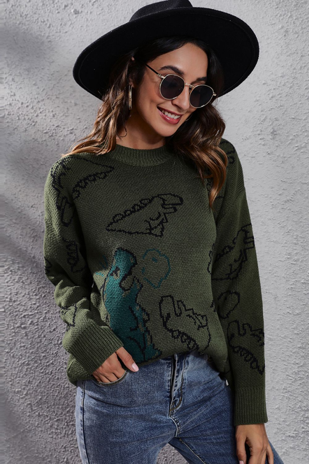 Dinosaur Pattern Round Neck Sweater - FunkyPeacockStore (Store description)