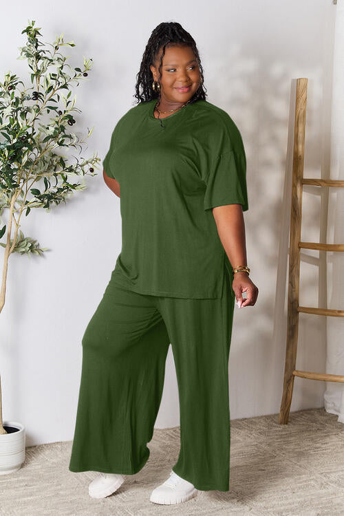 Double Take Full Size Round Neck Slit Top and Pants Set - FunkyPeacockStore (Store description)