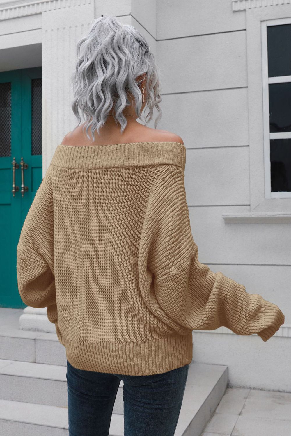 Off-Shoulder Ribbed Long Sleeve Pullover Sweater - FunkyPeacockStore (Store description)