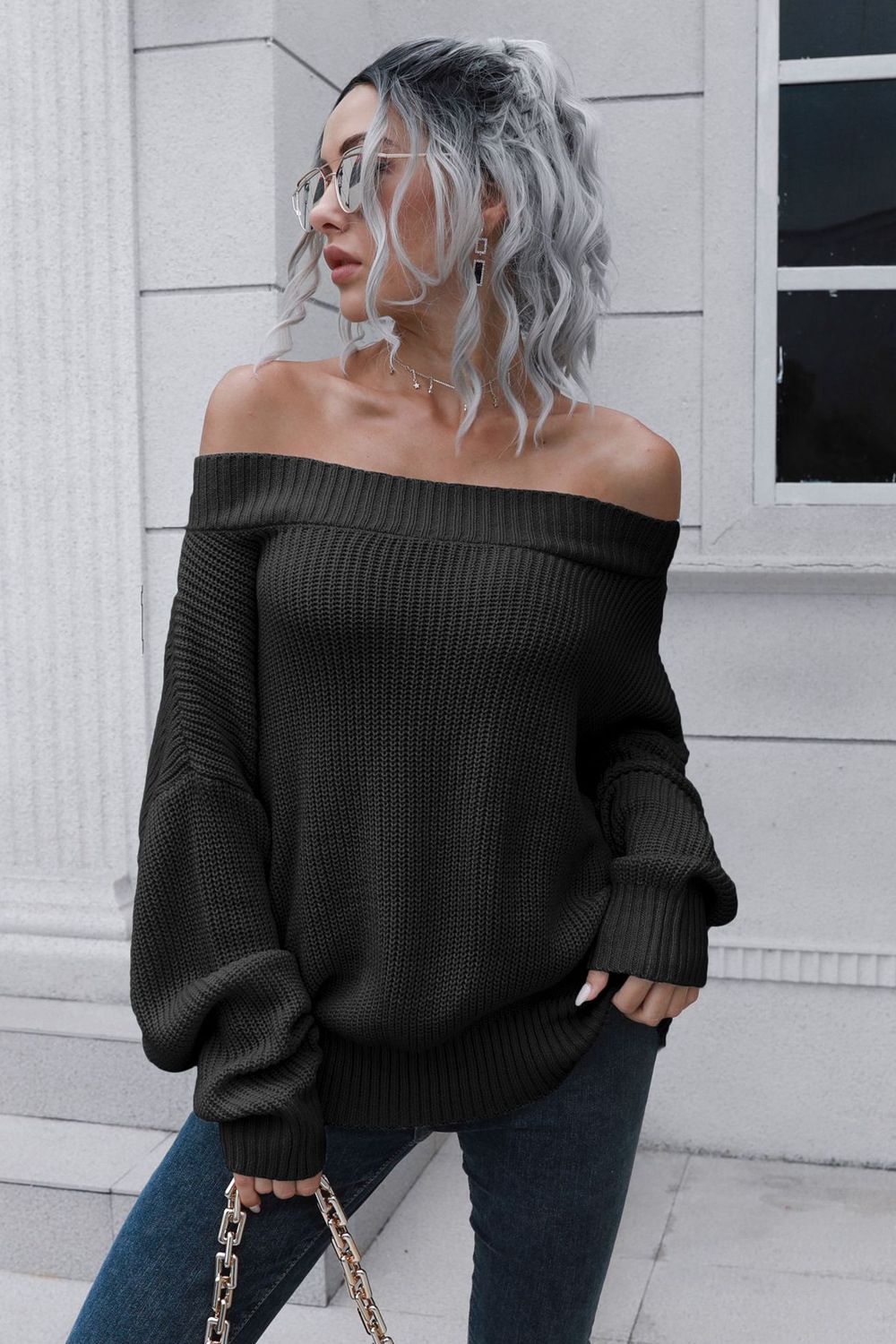 Off-Shoulder Ribbed Long Sleeve Pullover Sweater - FunkyPeacockStore (Store description)