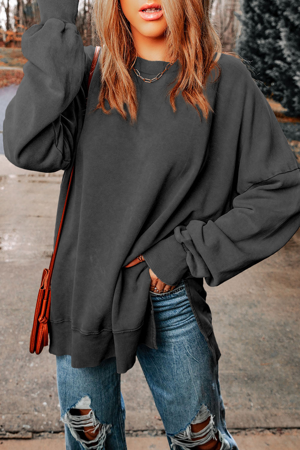 Dropped Shoulder Round Neck Long Sleeve Blouse - FunkyPeacockStore (Store description)