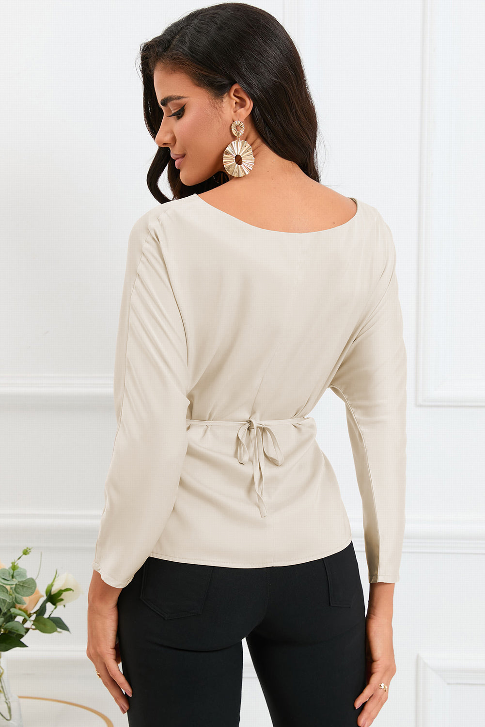 Boat Neck Back Tie Long Sleeve Satin Blouse - FunkyPeacockStore (Store description)