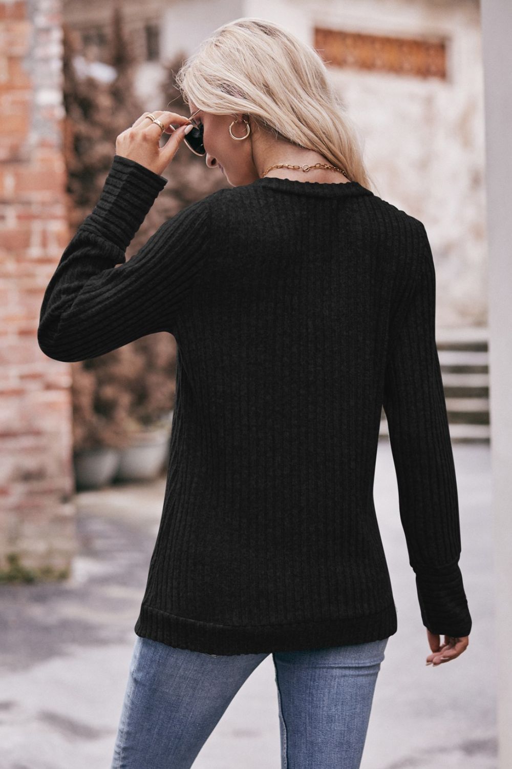 V-Neck Long Sleeve Ribbed Top - FunkyPeacockStore (Store description)