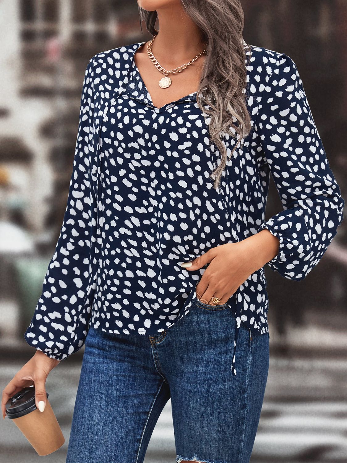 Printed Tie Neck Long Sleeve Blouse - FunkyPeacockStore (Store description)