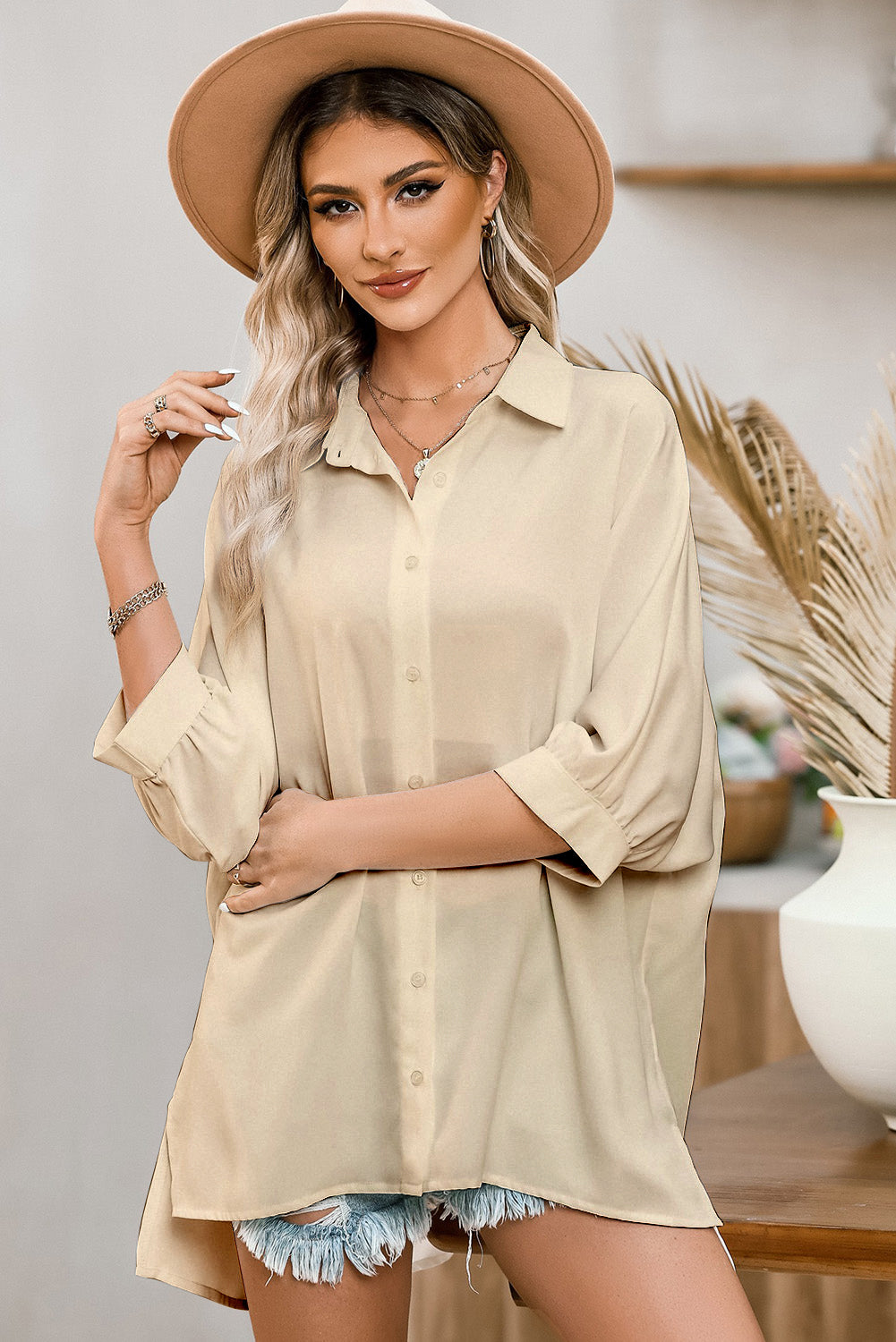 Three-Quarter Sleeve Slit Shirt - FunkyPeacockStore (Store description)