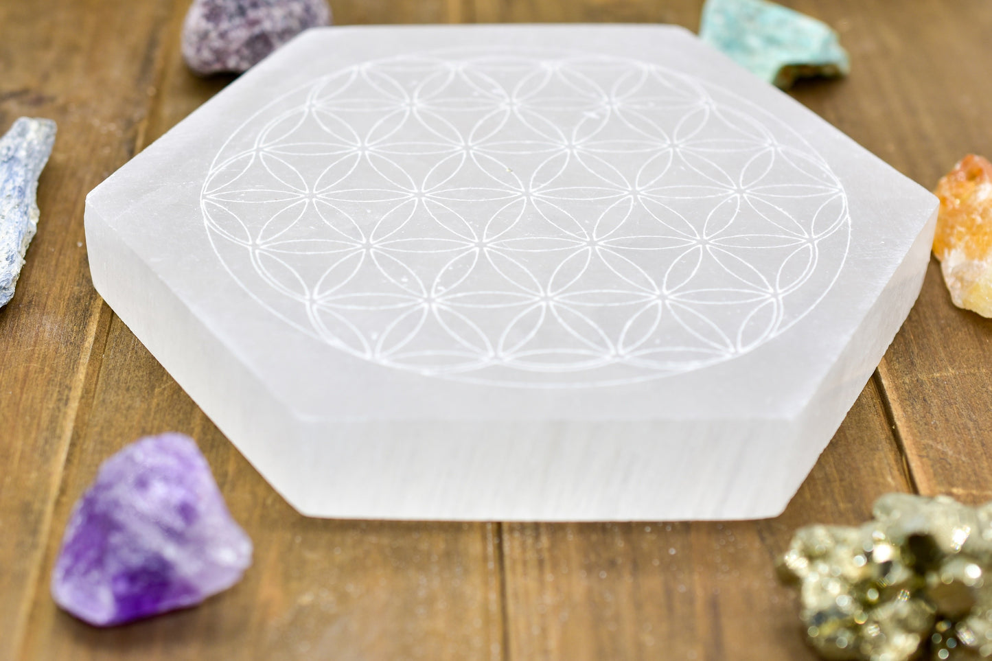 Flower of Life Laser Engraved Selenite Plates - FunkyPeacockStore (Store description)