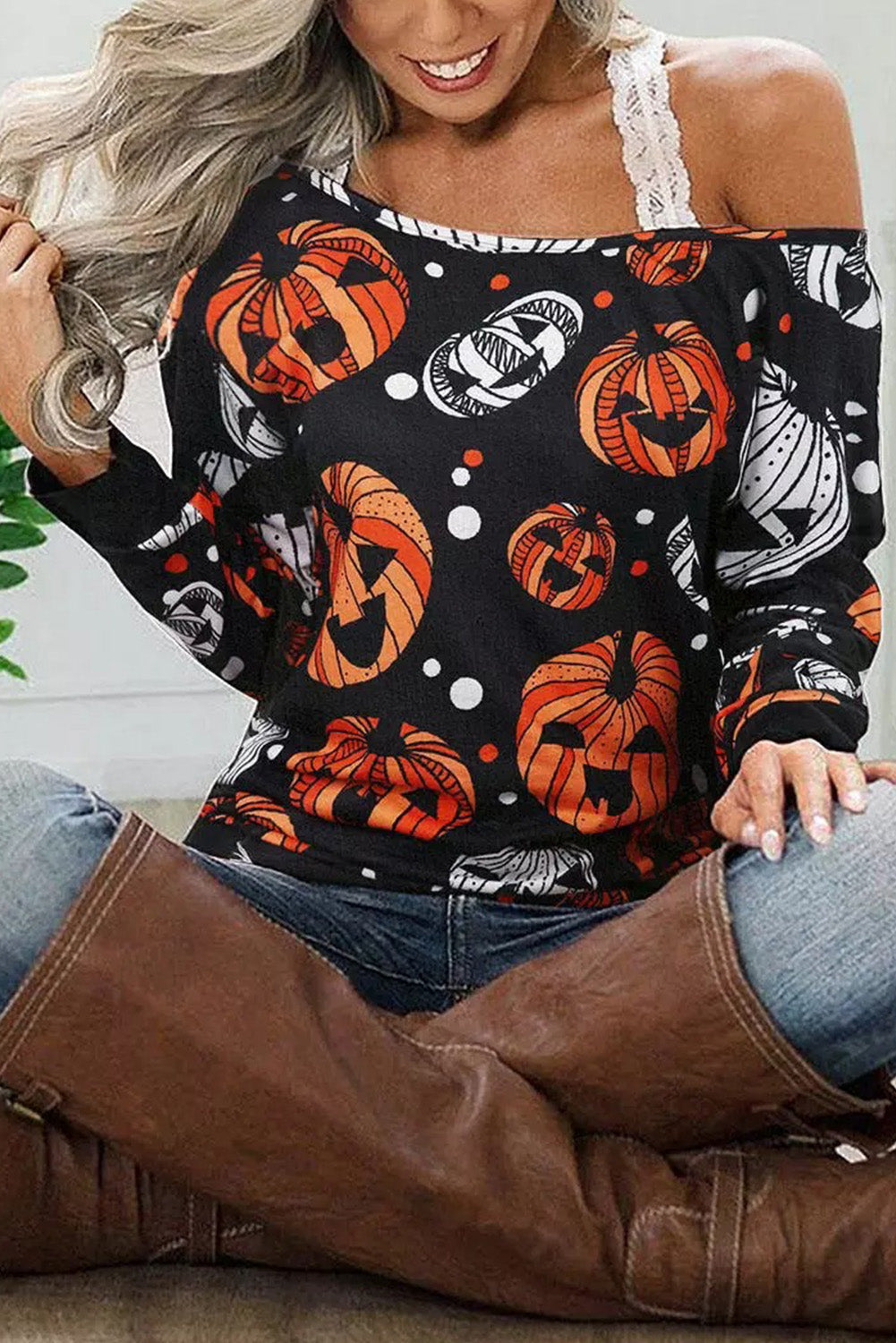 One Shoulder Jack-O'-Lantern Graphic Sweatshirt - FunkyPeacockStore (Store description)