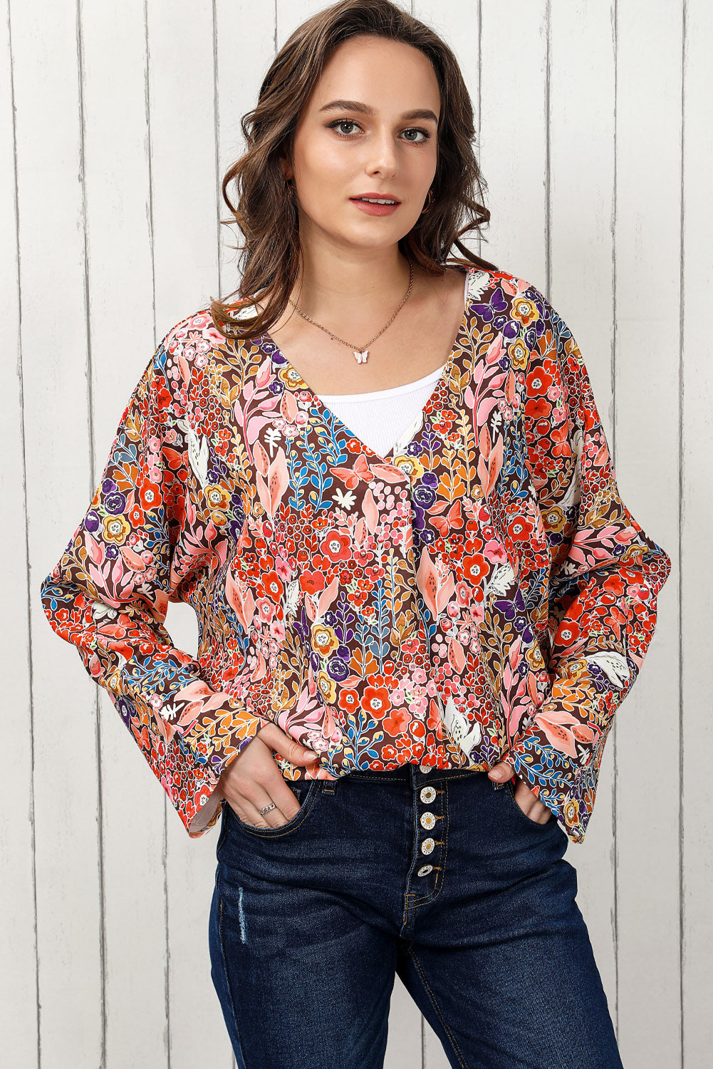 Floral V-Neck Long Sleeve Blouse - FunkyPeacockStore (Store description)