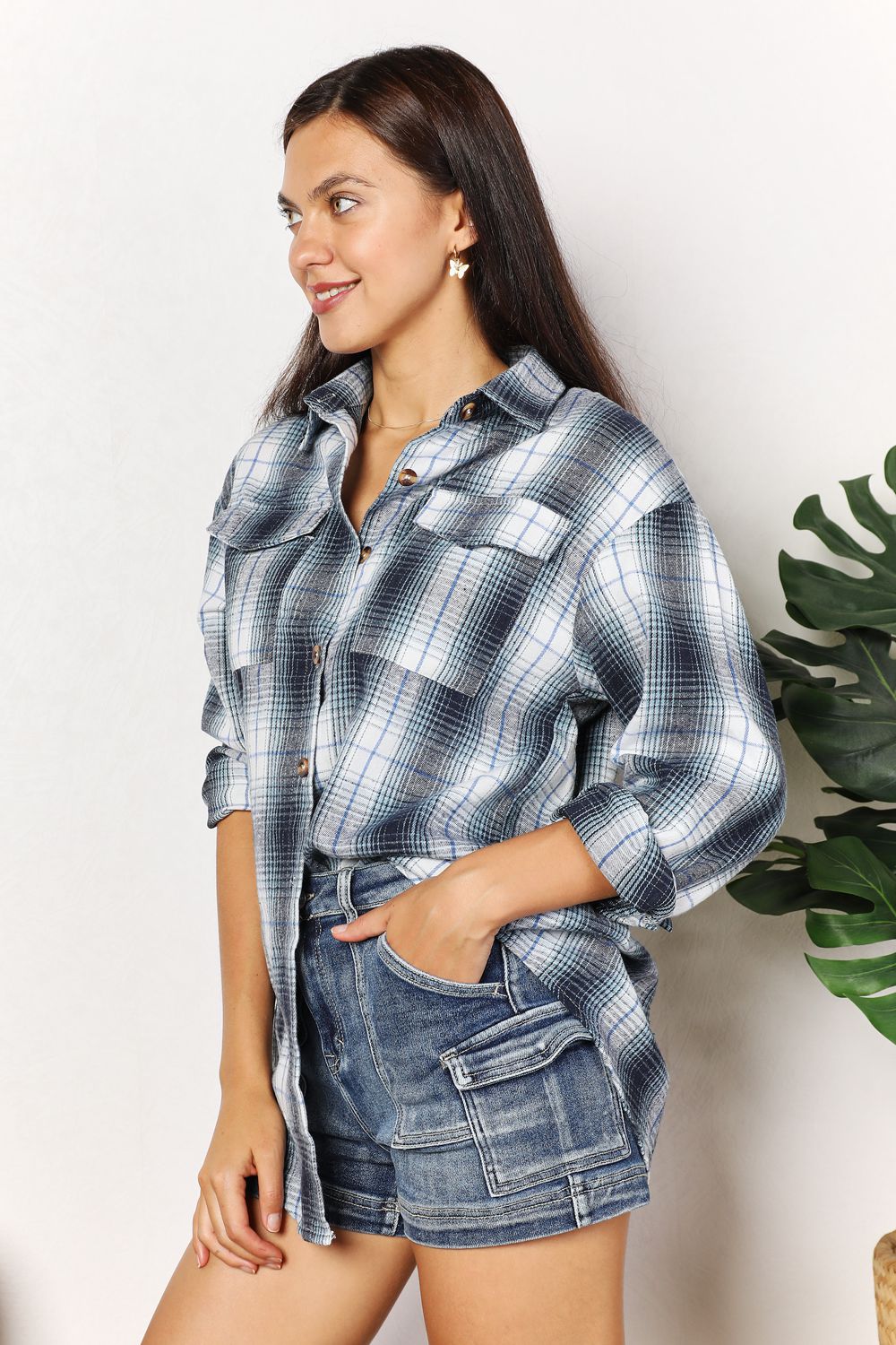 Double Take Plaid Dropped Shoulder Shirt - FunkyPeacockStore (Store description)