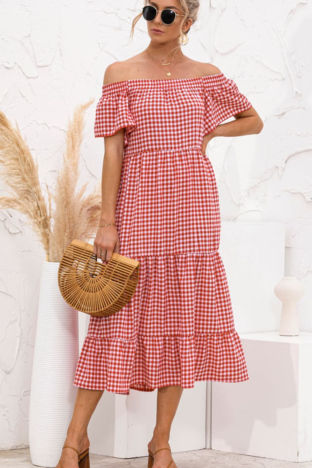 Plaid Off-Shoulder Tiered Midi Dress - FunkyPeacockStore (Store description)