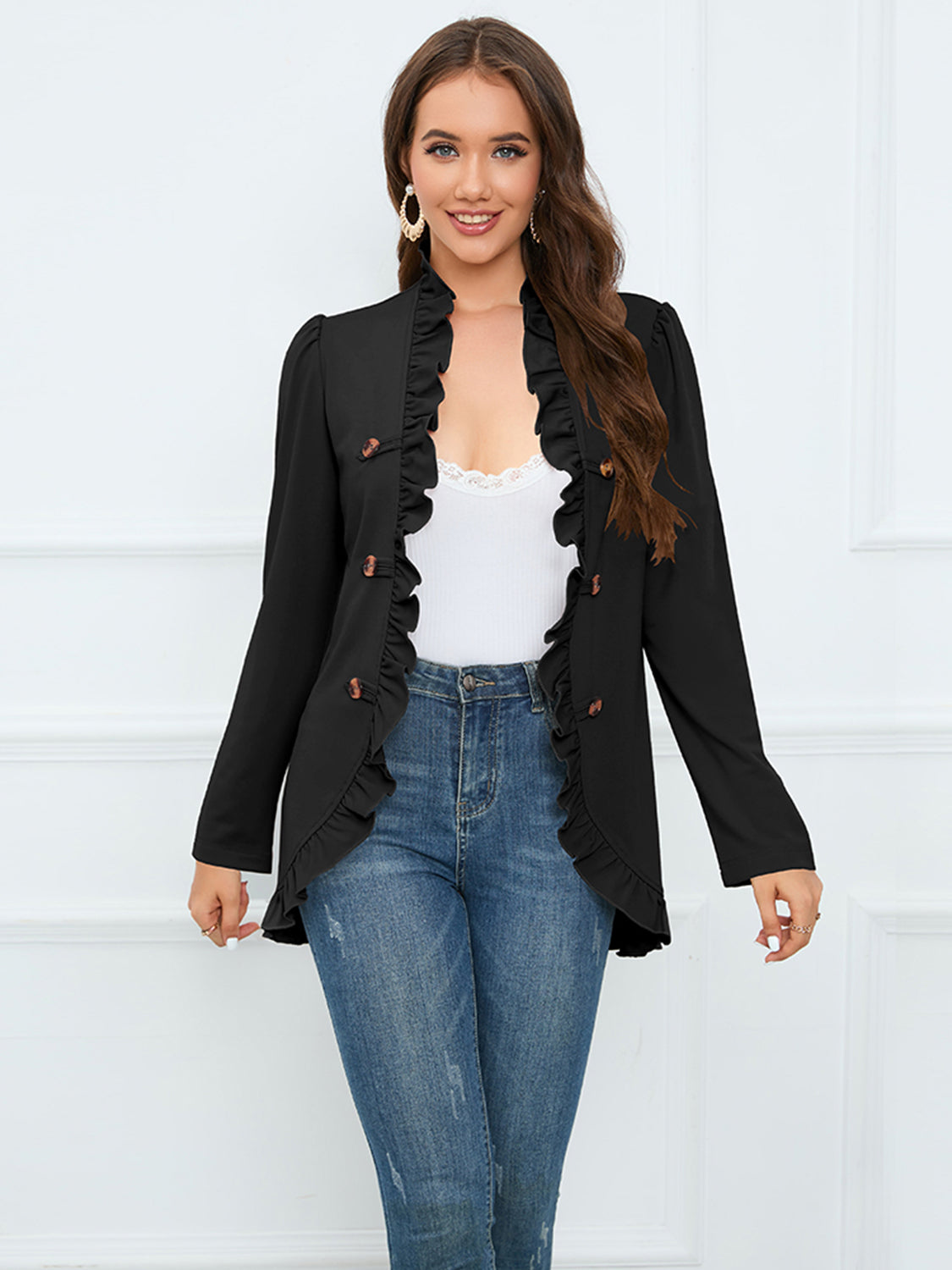 Ruffled Long Sleeve Blazer - FunkyPeacockStore (Store description)