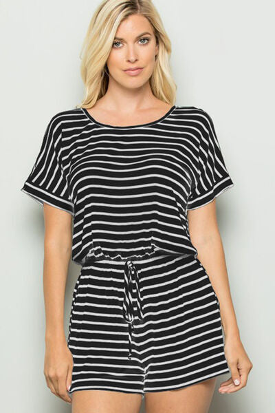 Heimish Striped Round Neck Short Sleeve Romper - FunkyPeacockStore (Store description)