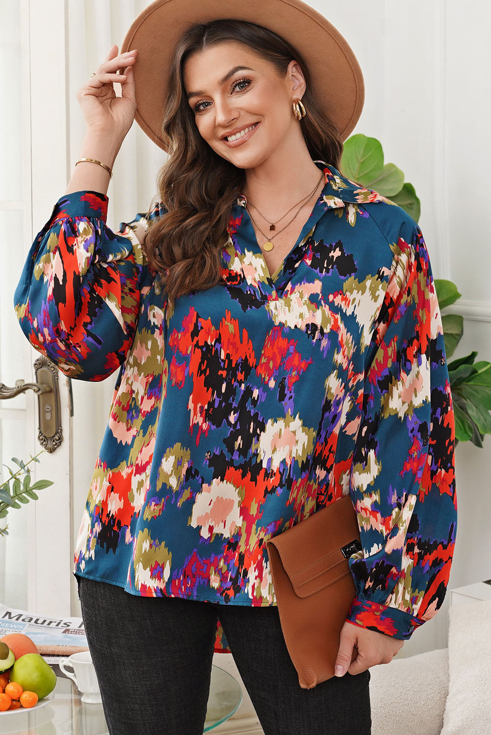 Printed Johnny Collar Raglan Sleeve Blouse - FunkyPeacockStore (Store description)