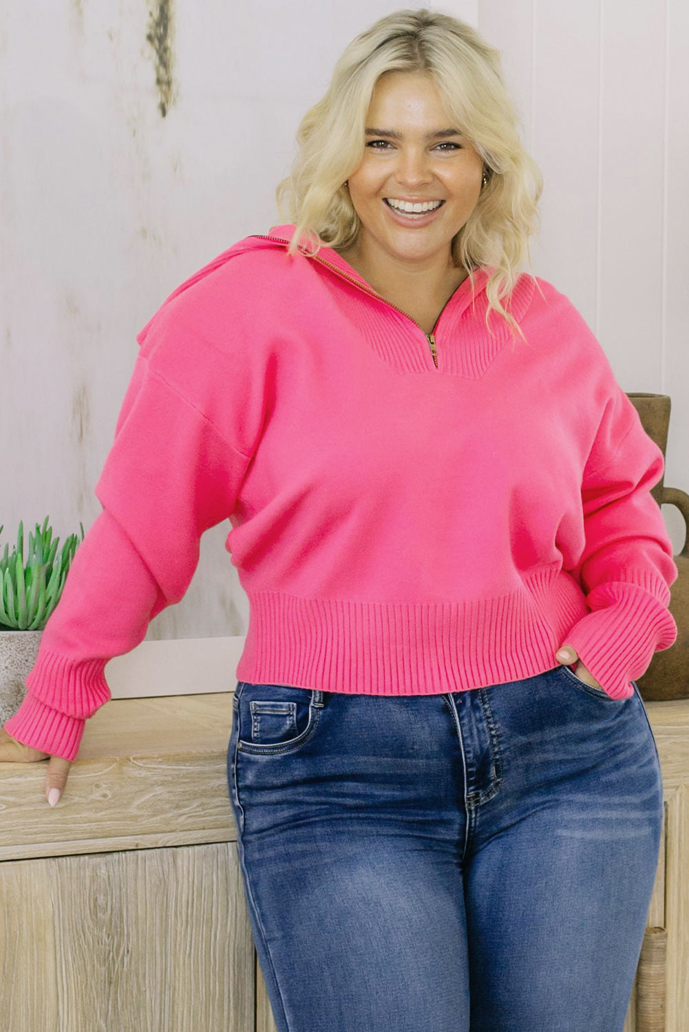 Plus Size Collared Neck Zip-Up Long Sleeve Sweater - FunkyPeacockStore (Store description)