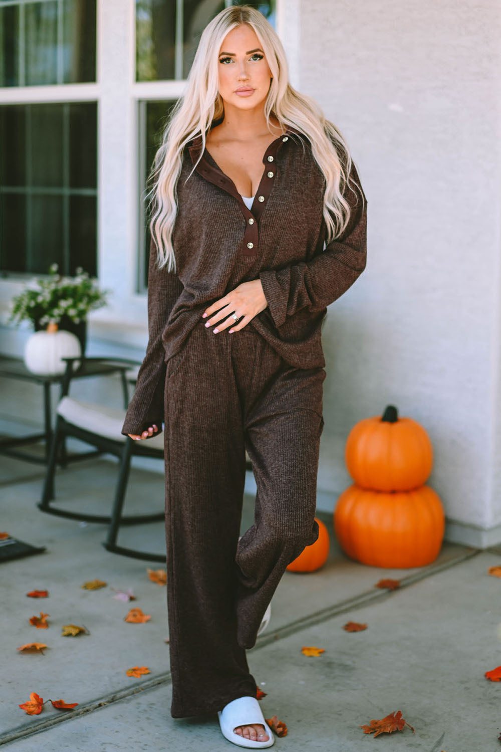 Buttoned Long Sleeve Top and Long Pants Lounge Set - FunkyPeacockStore (Store description)