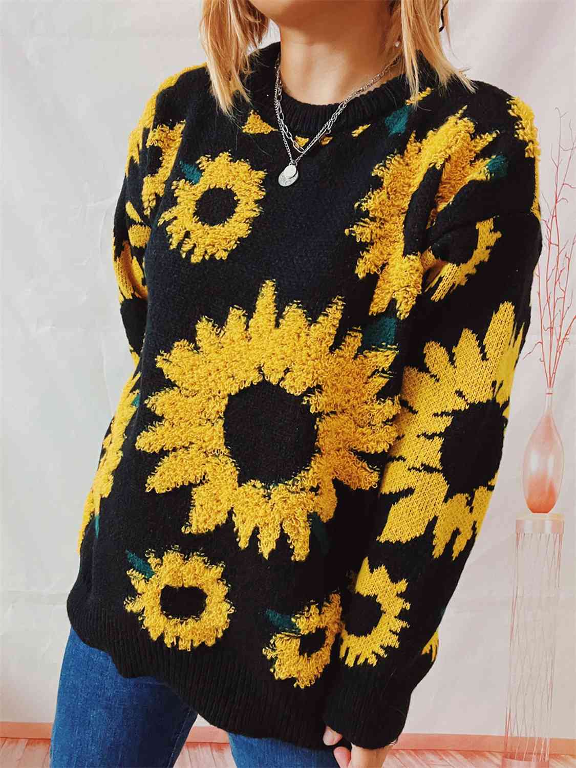 Sunflower Dropped Shoulder Long Sleeve Sweater - FunkyPeacockStore (Store description)