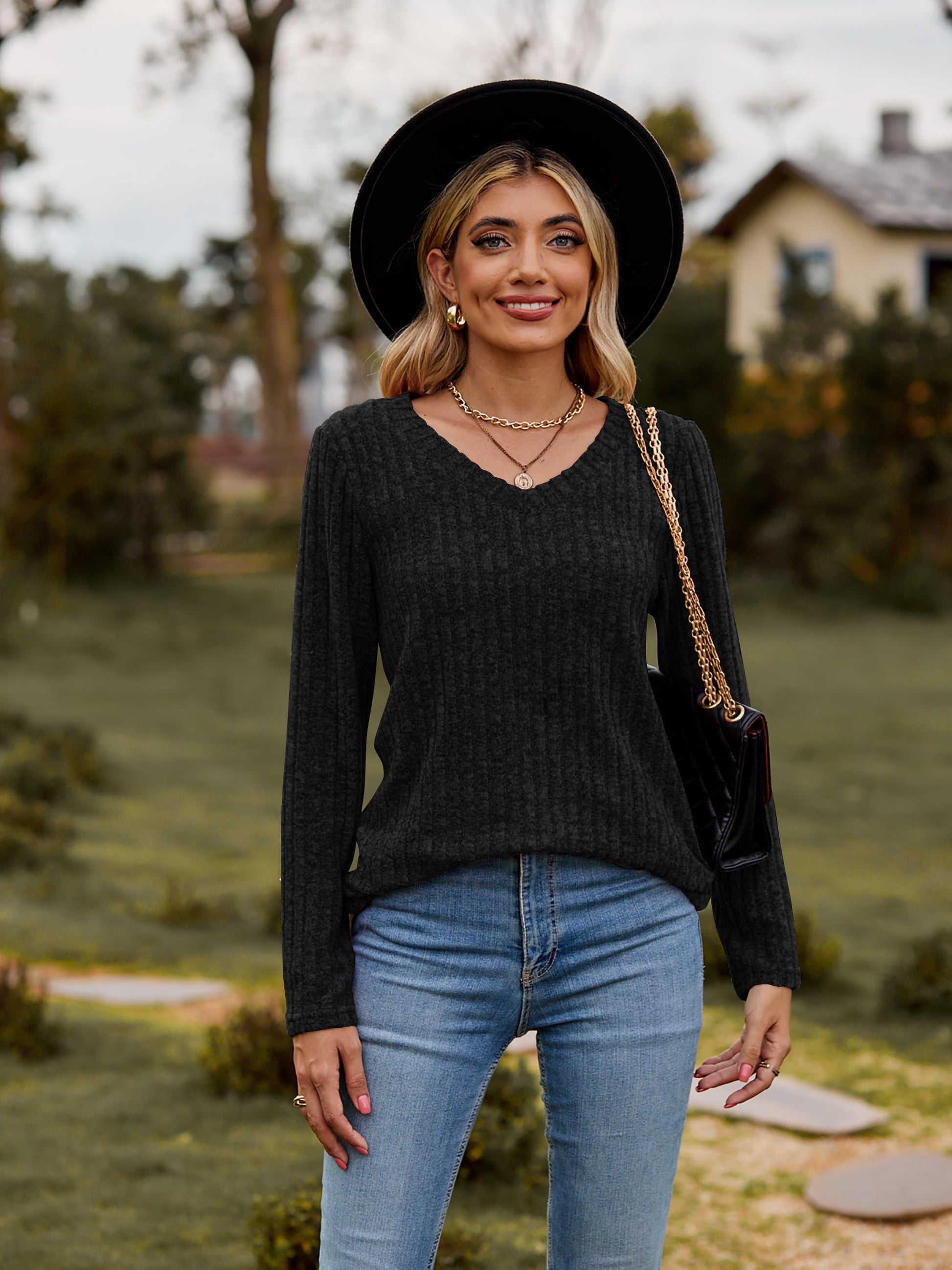 Ribbed V-Neck Long Sleeve Tee - FunkyPeacockStore (Store description)