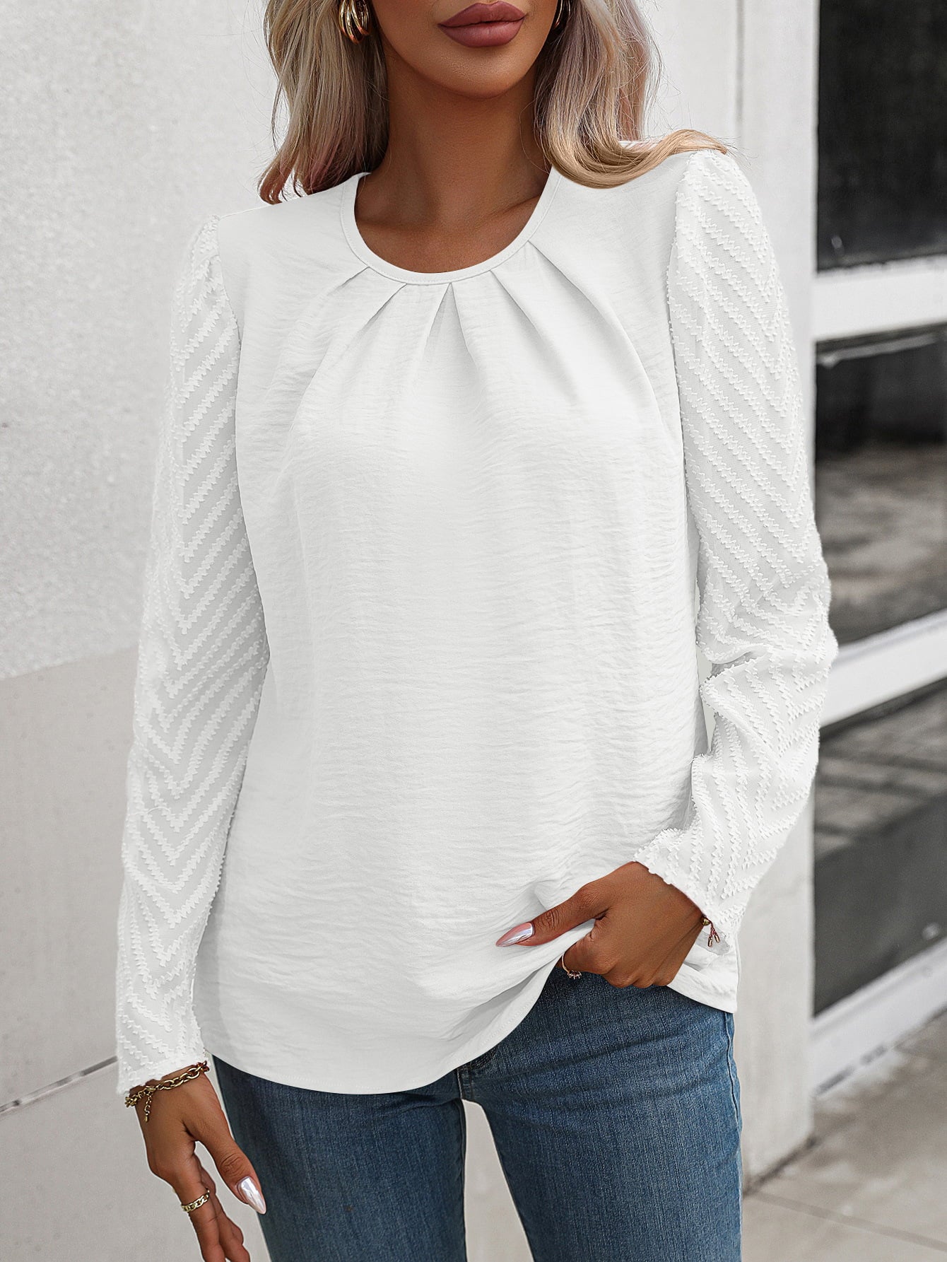 Ruched Round Neck Puff Sleeve Blouse - FunkyPeacockStore (Store description)