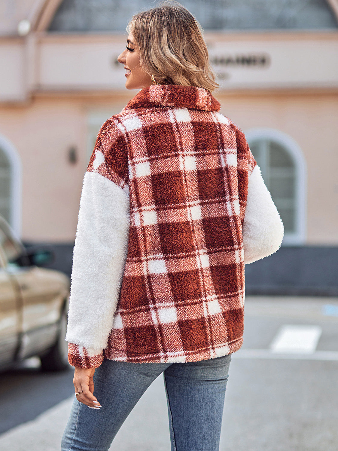 Plaid Dropped Shoulder Teddy Jacket - FunkyPeacockStore (Store description)