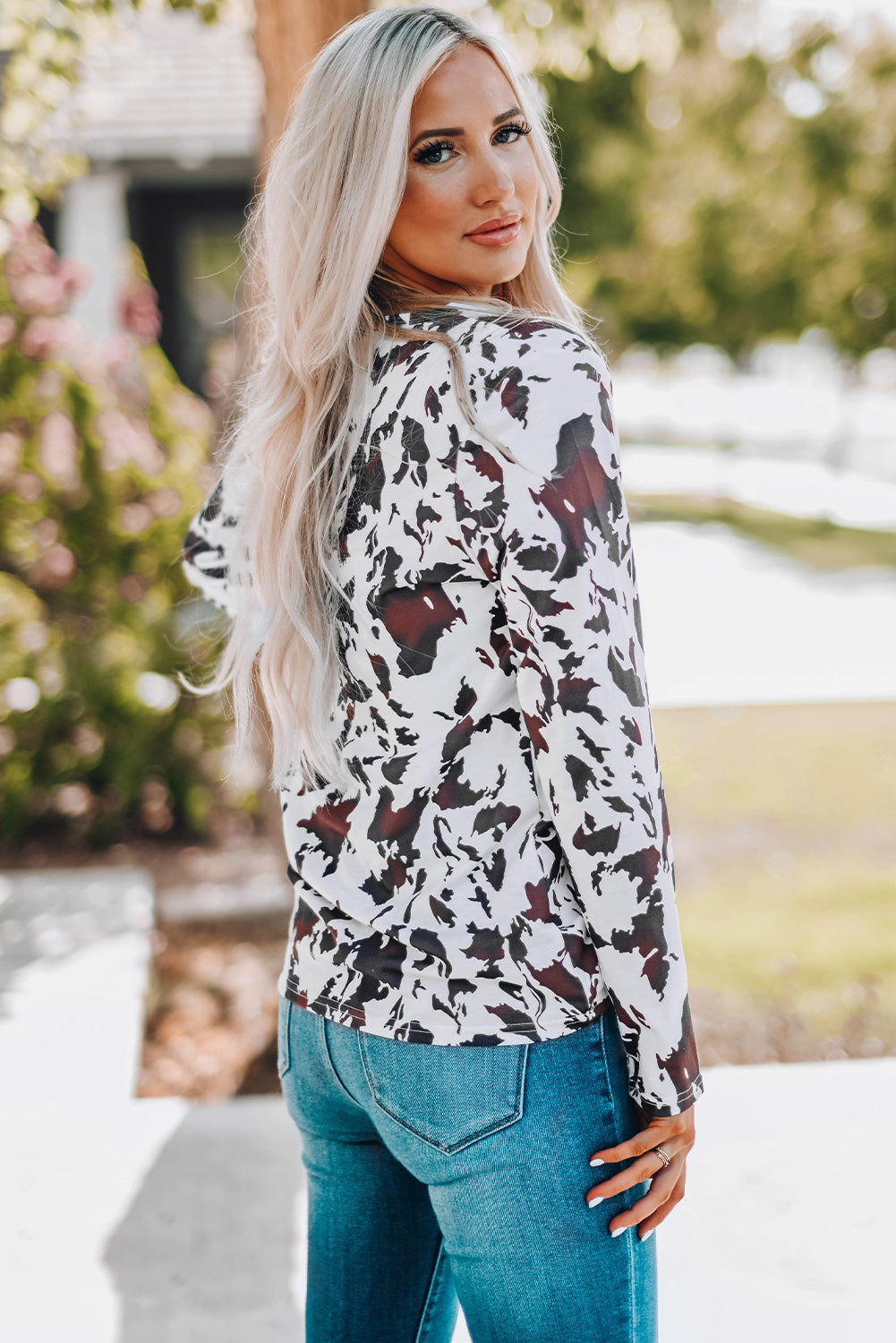 Cow Print Keyhole Long Sleeve Top - FunkyPeacockStore (Store description)