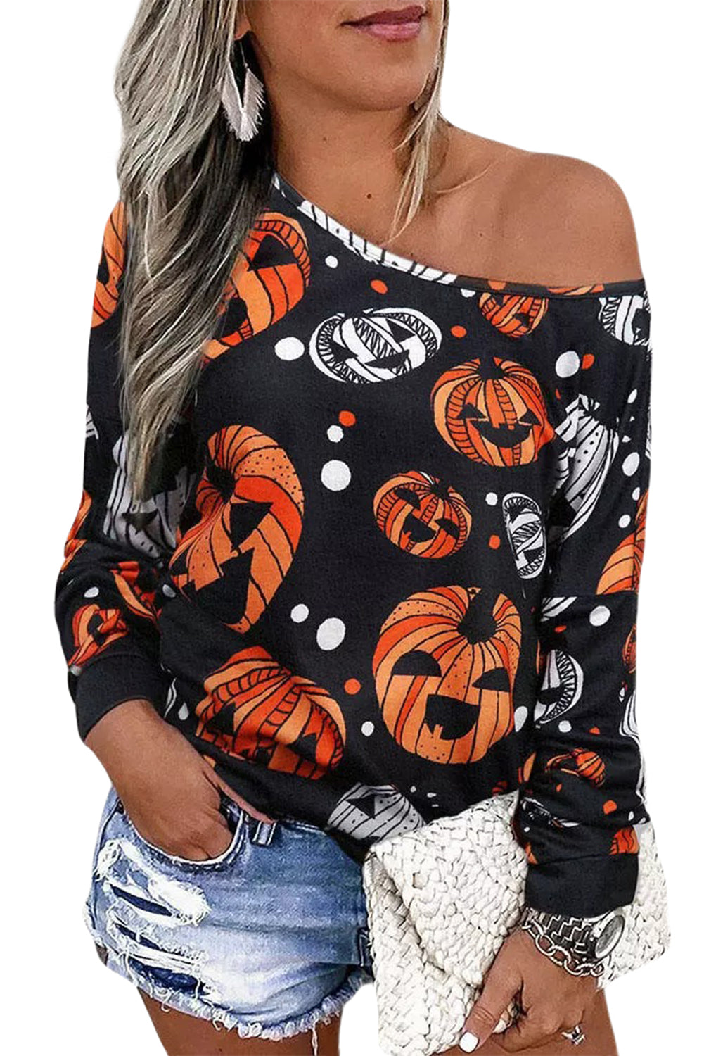 One Shoulder Jack-O'-Lantern Graphic Sweatshirt - FunkyPeacockStore (Store description)