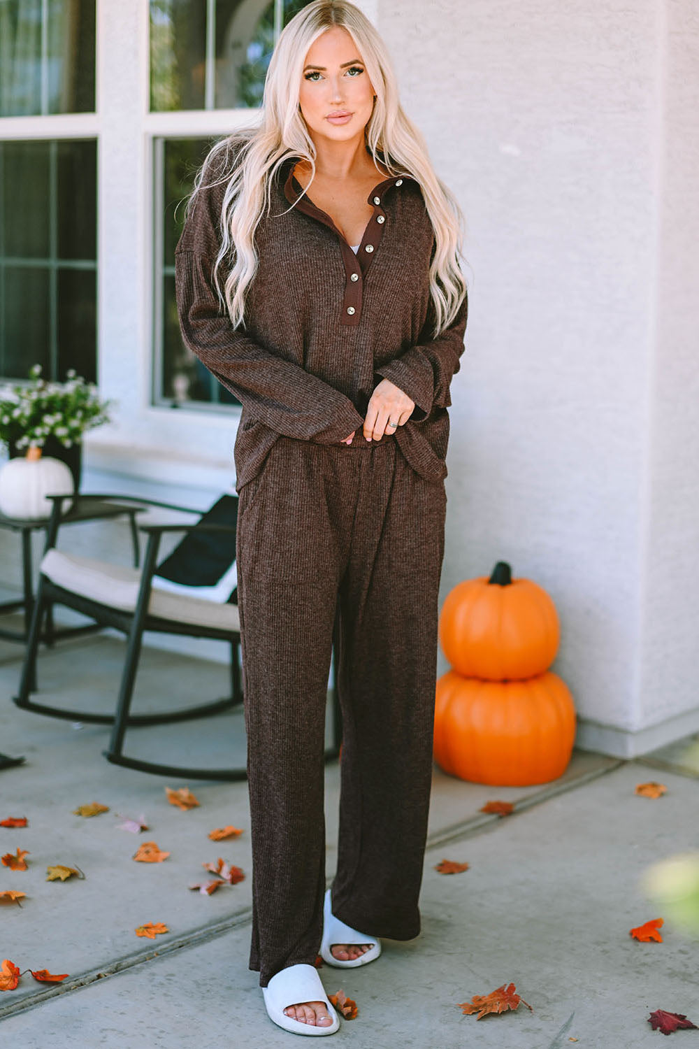 Buttoned Long Sleeve Top and Long Pants Lounge Set - FunkyPeacockStore (Store description)