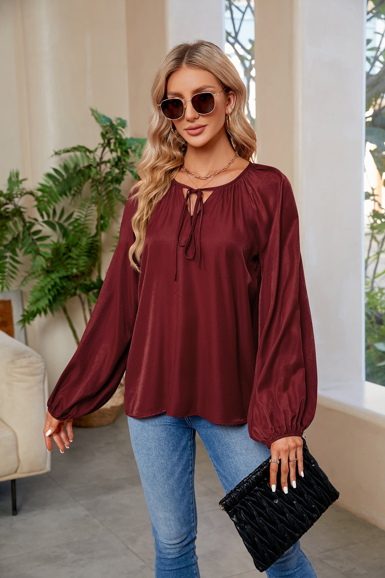 Tie Neck Balloon Sleeve Blouse - FunkyPeacockStore (Store description)