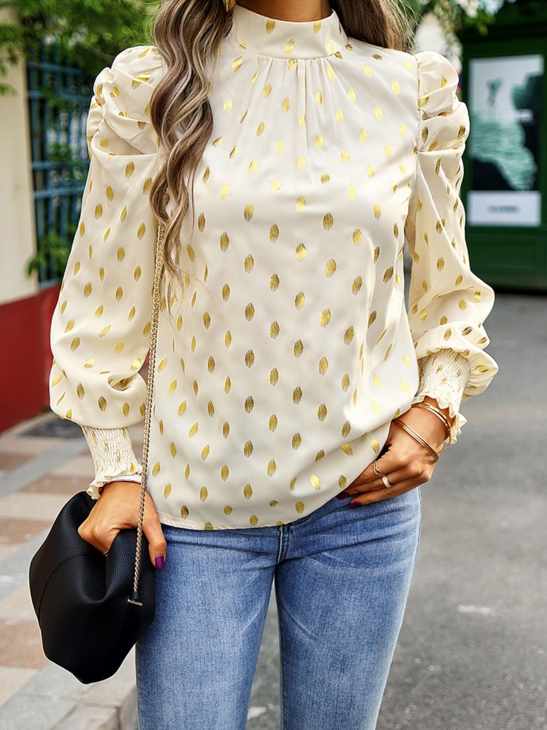 Printed Mock Neck Lantern Sleeve Blouse - FunkyPeacockStore (Store description)