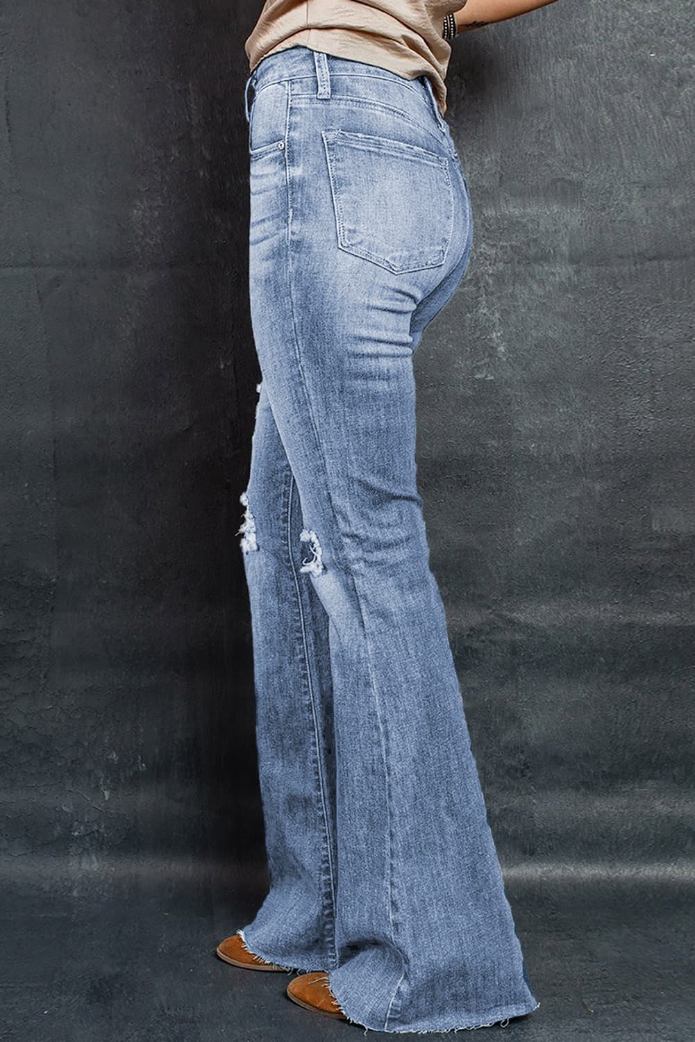 Distressed Raw Hem Flare Jeans - FunkyPeacockStore (Store description)