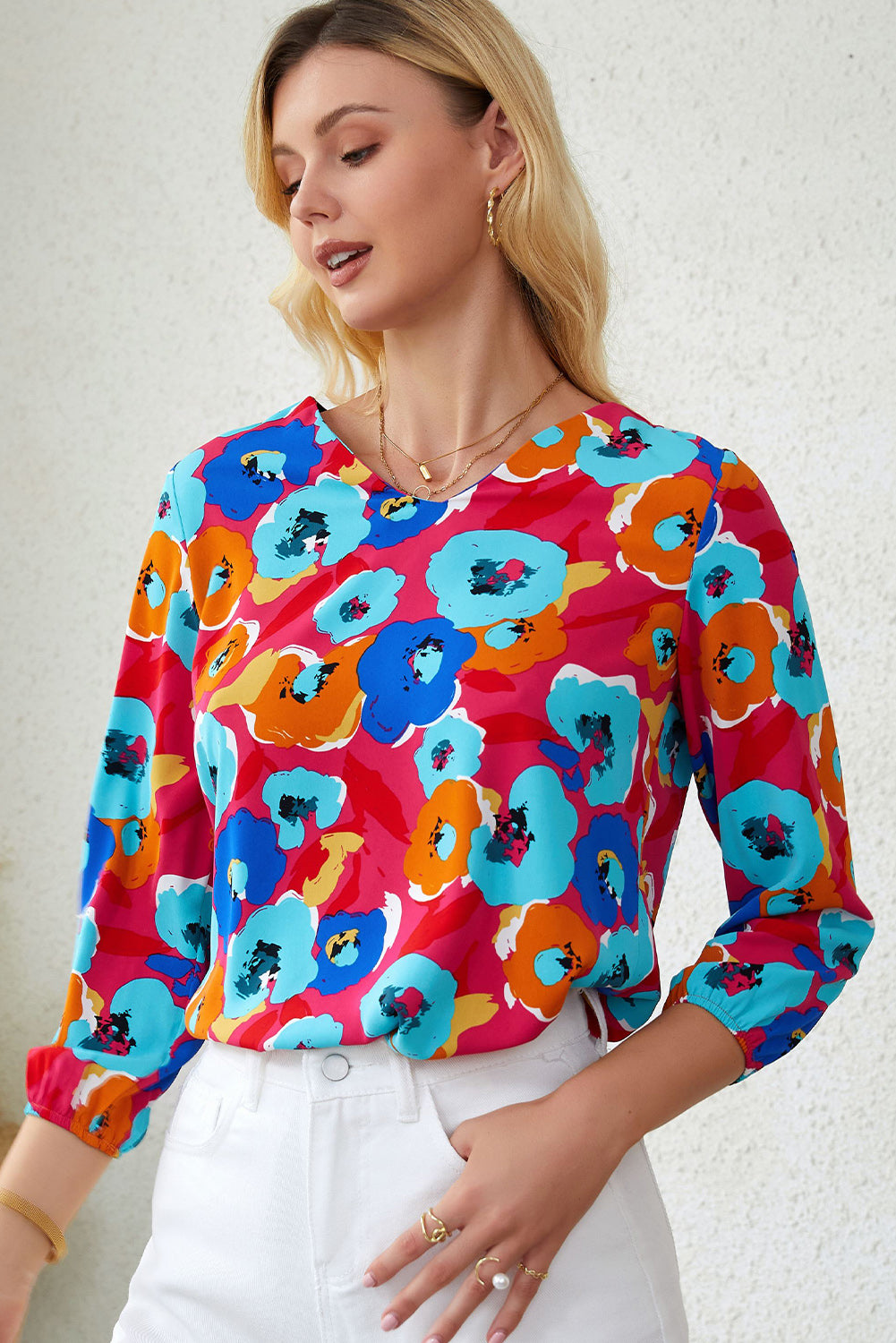 Floral V-Neck Three-Quarter Sleeve Top - FunkyPeacockStore (Store description)