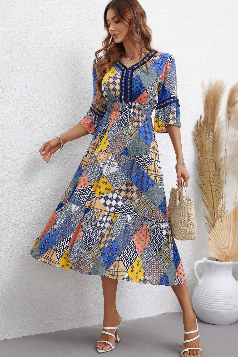 Patchwork V-Neck Tiered Midi Dress - FunkyPeacockStore (Store description)