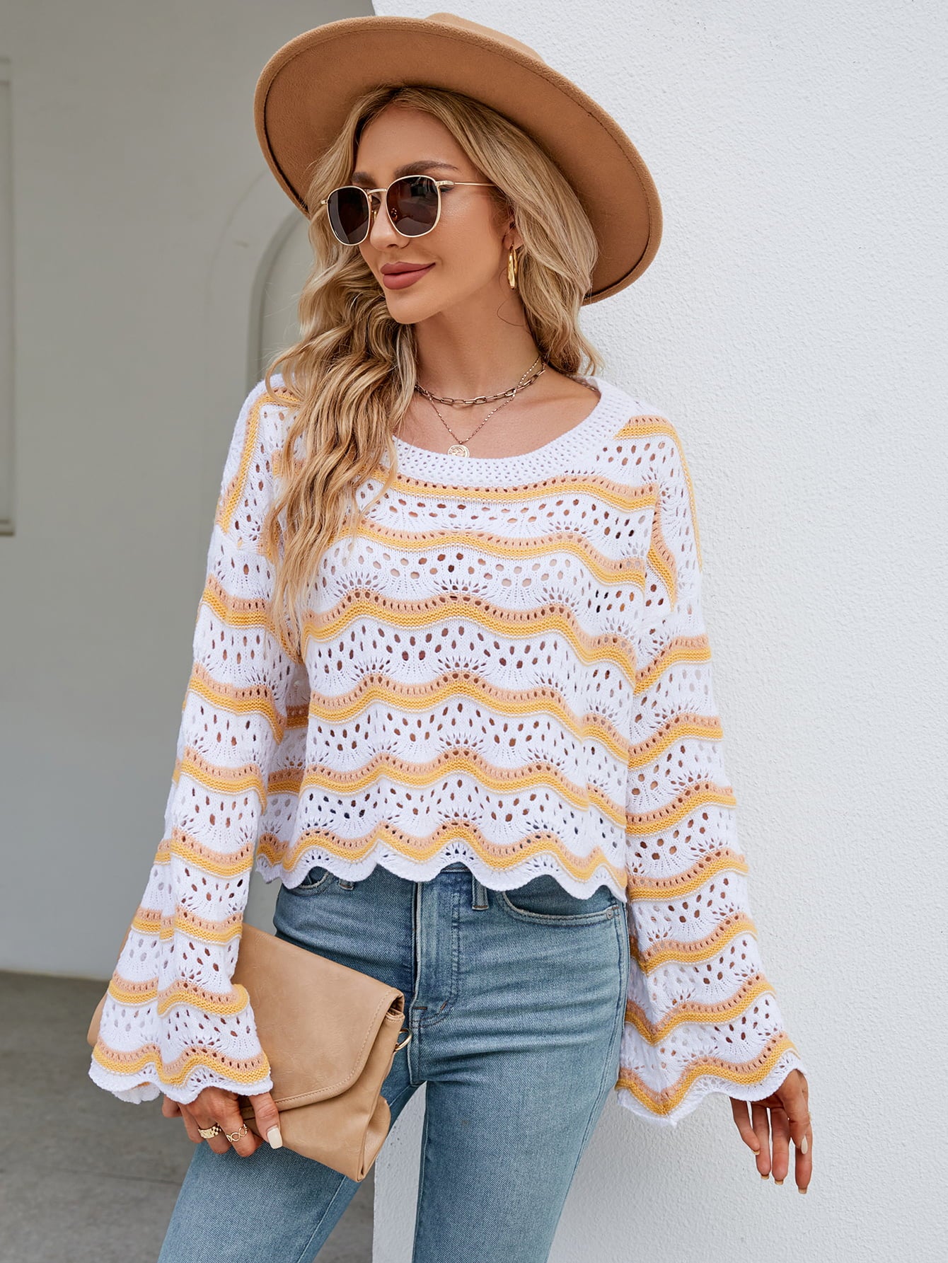 Round Neck Openwork Flare Sleeve Knit Top - FunkyPeacockStore (Store description)