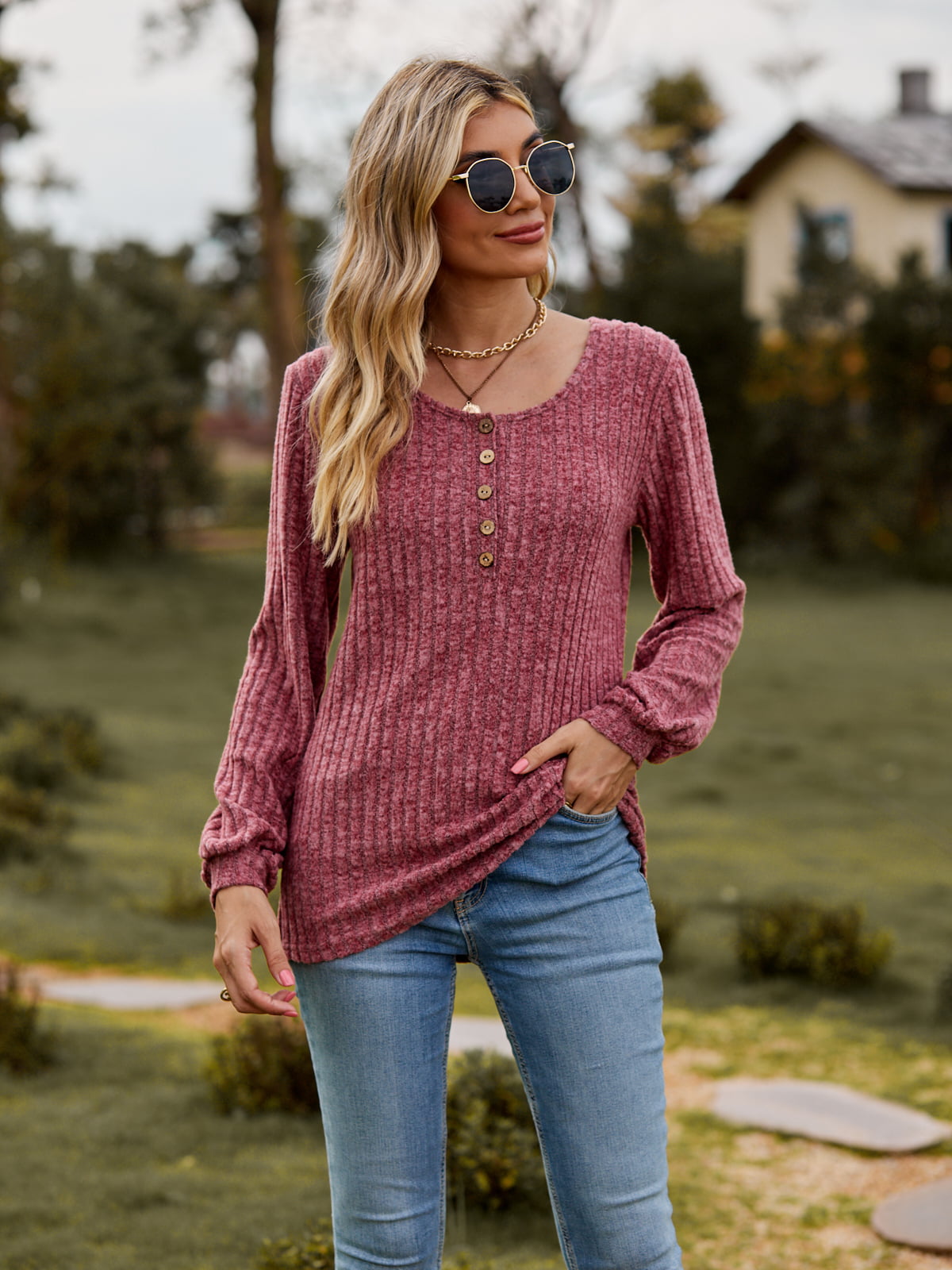 Round Neck Button-Down Long Sleeve Tee - FunkyPeacockStore (Store description)