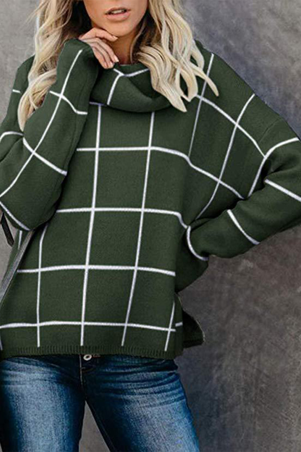 Plaid Turtleneck Drop Shoulder Sweater - FunkyPeacockStore (Store description)