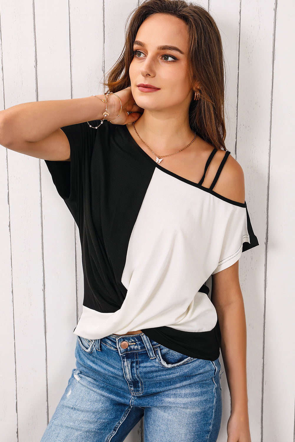 Contrast Twisted Asymmetrical Neck Top - FunkyPeacockStore (Store description)