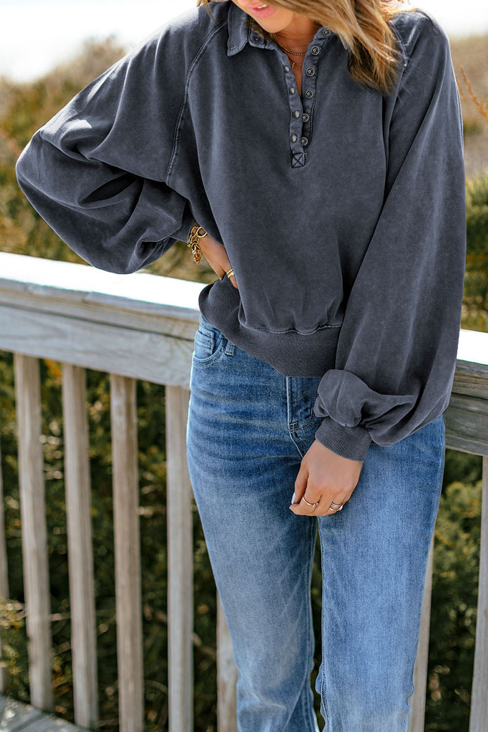 Quarter-Snap Collared Lantern Sleeve Sweatshirt - FunkyPeacockStore (Store description)