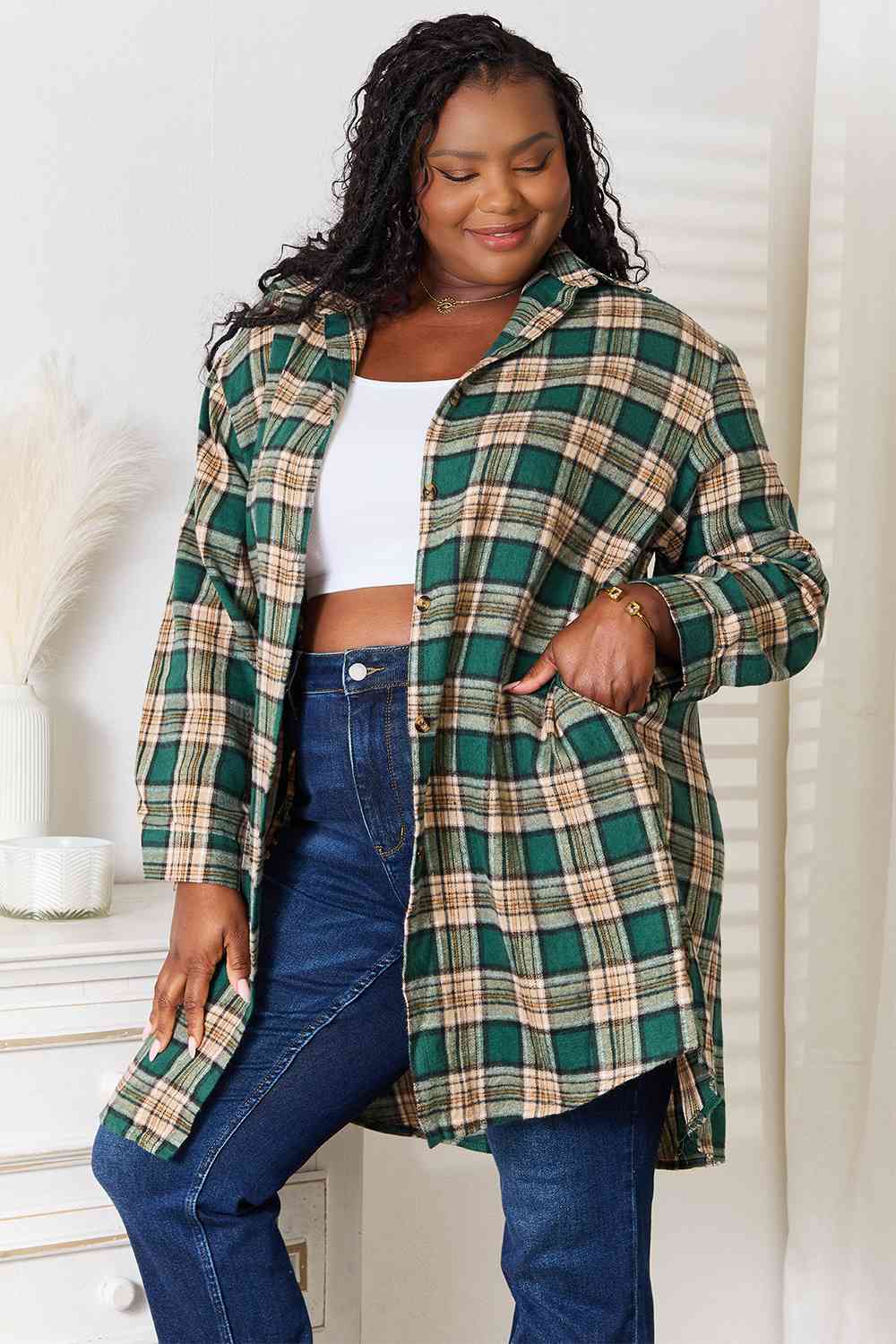 Double Take Plaid Collared Neck Long Sleeve Shirt - FunkyPeacockStore (Store description)