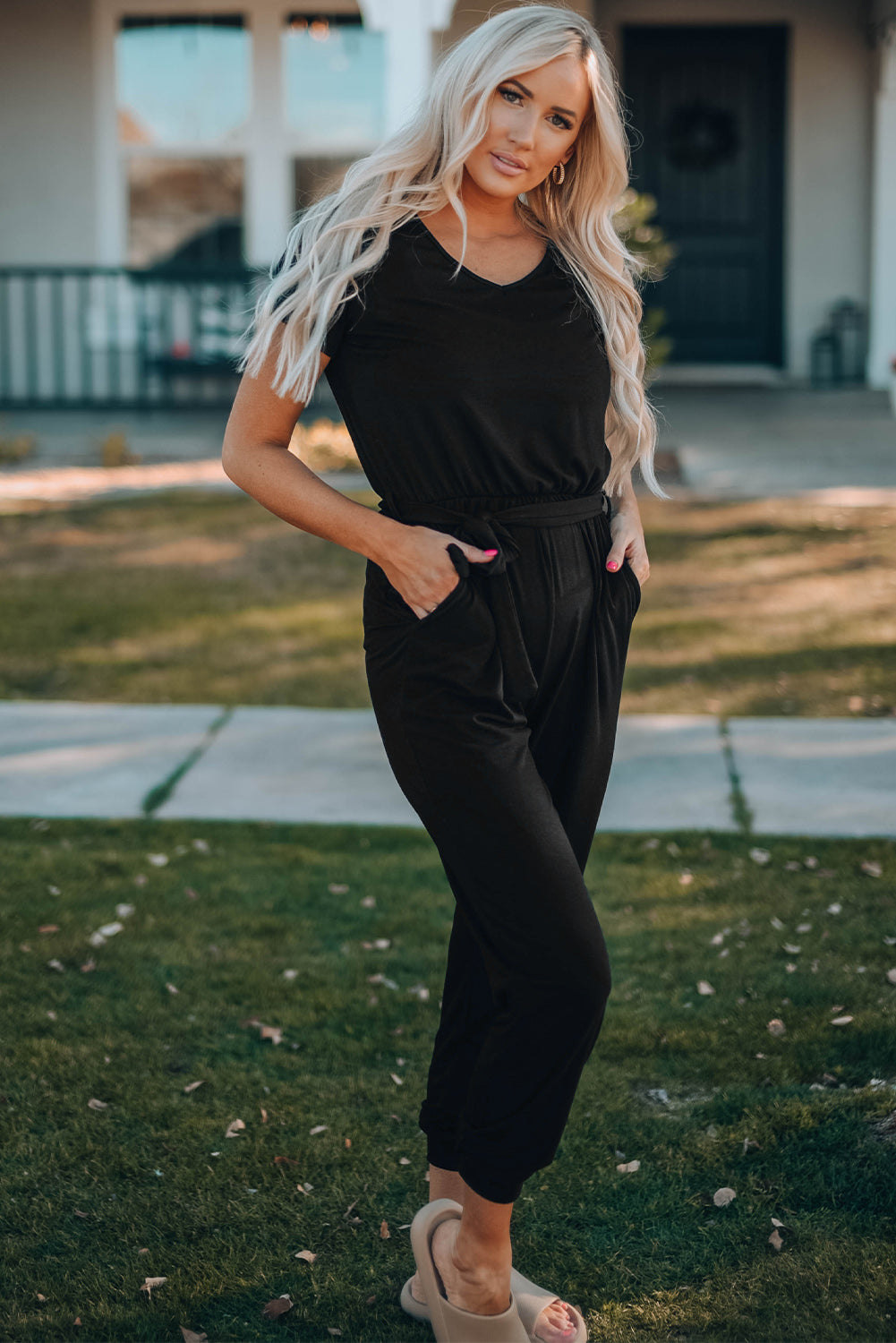 Belted V-Neck Jogger Jumpsuit - FunkyPeacockStore (Store description)