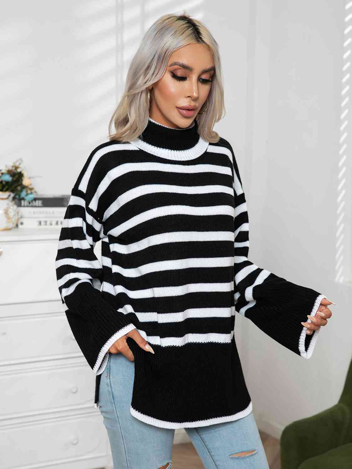 Striped Slit Turtleneck Drop Shoulder Sweater - FunkyPeacockStore (Store description)