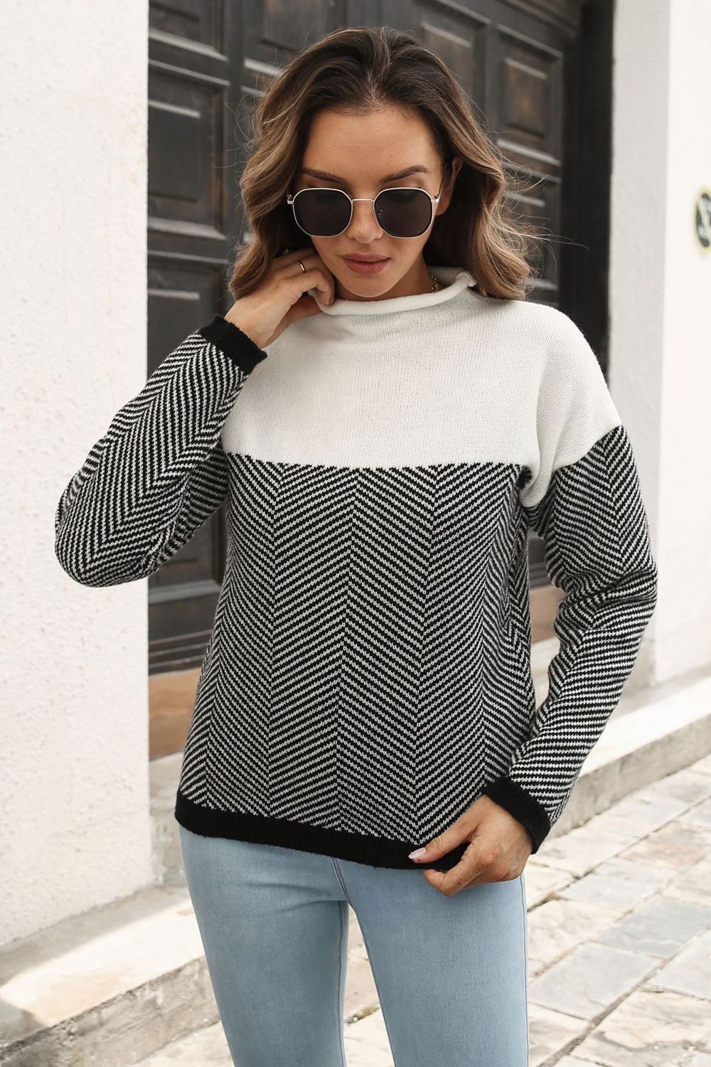 Two-Tone Mock Neck Dropped Shoulder Pullover Sweater - FunkyPeacockStore (Store description)