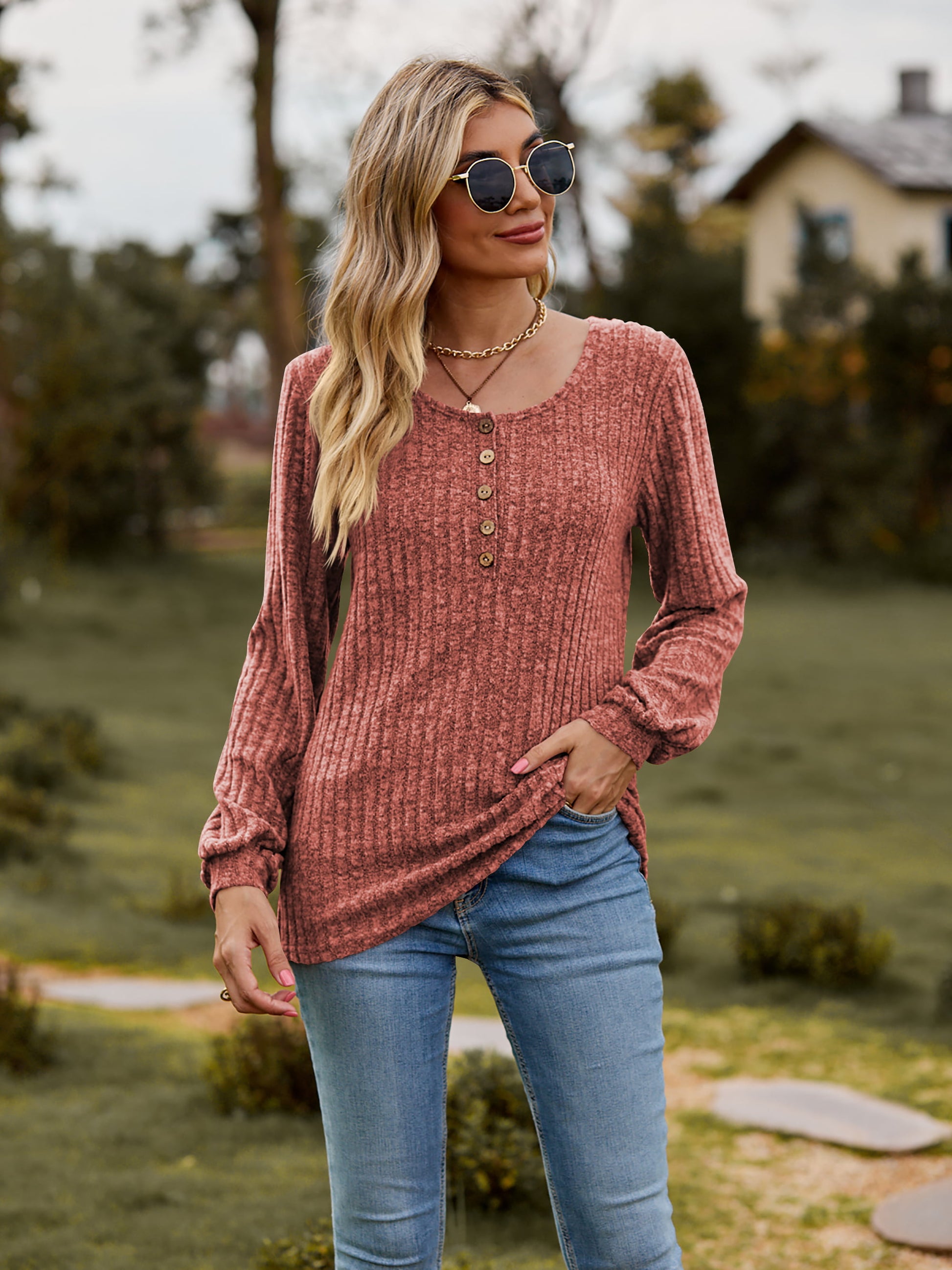 Round Neck Button-Down Long Sleeve Tee - FunkyPeacockStore (Store description)